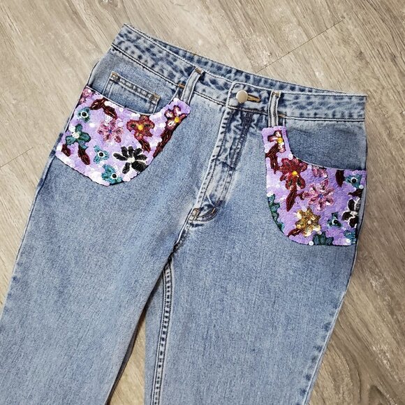 Vintage * Bell Bottom Flare Jeans * Sequins Sz S - Picture 4 of 9